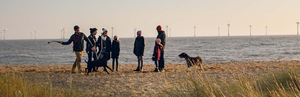 Family with dog walking on a beach